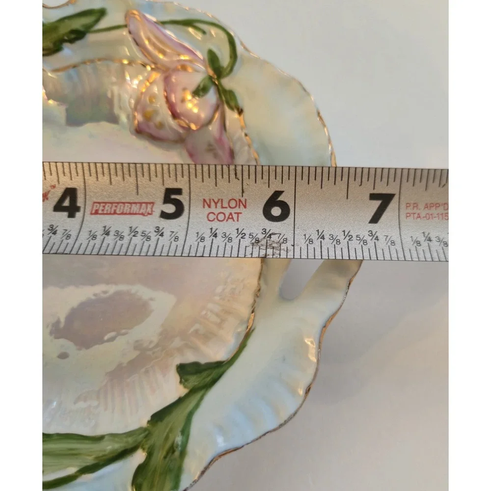Vintage Floral Porcelain Relish Celery Dish Pink Lily Flowers Gold Gilt Accent